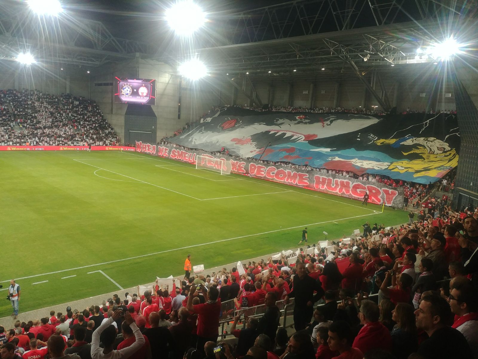 שלט ענק ביציע הדרומי. הפועל באר שבע חיה טורפת...